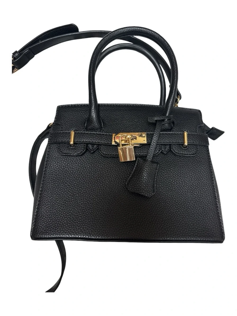 Elegant Black Pebbled Satchel with Gold Lock Detail‎